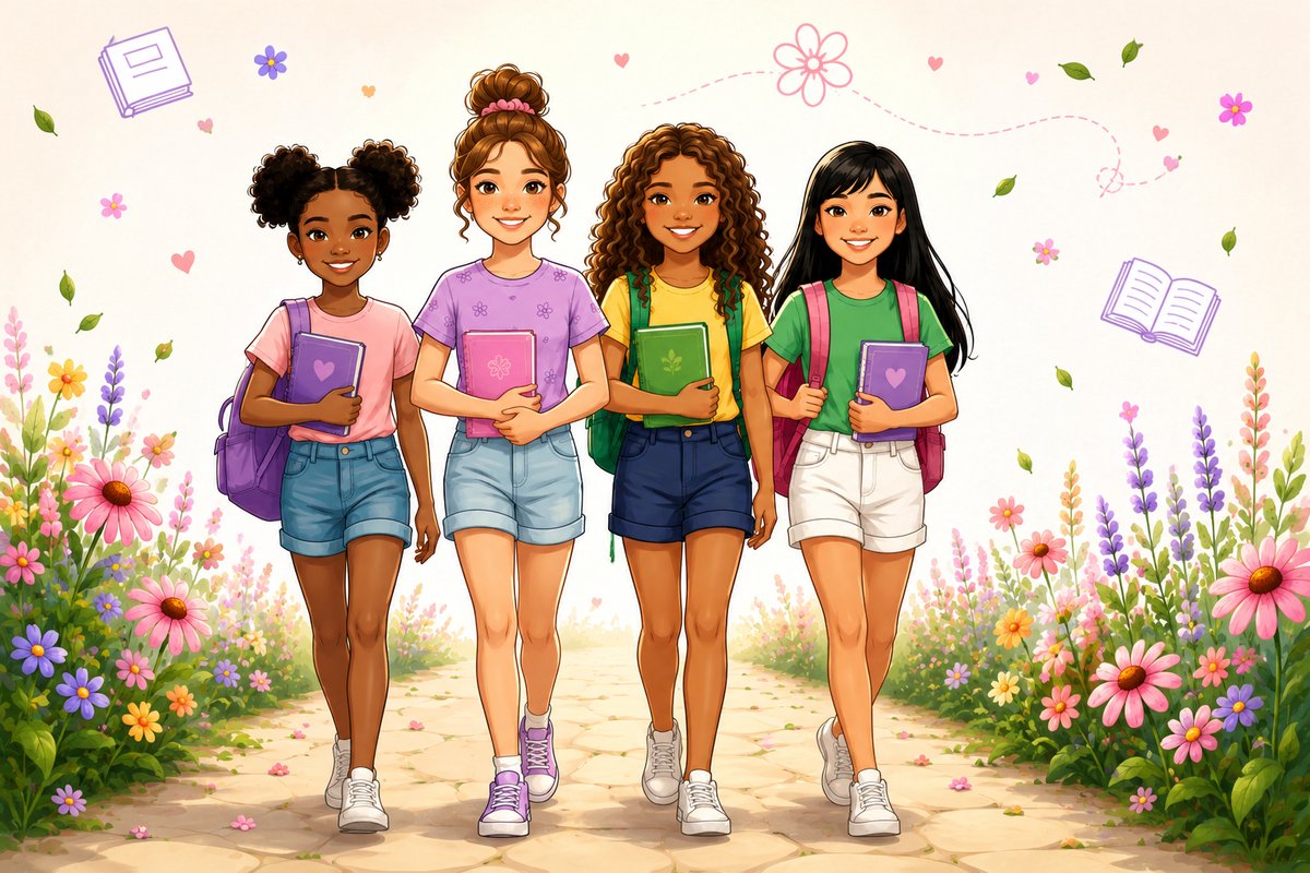 A group of girls walking together, smiling, holding books