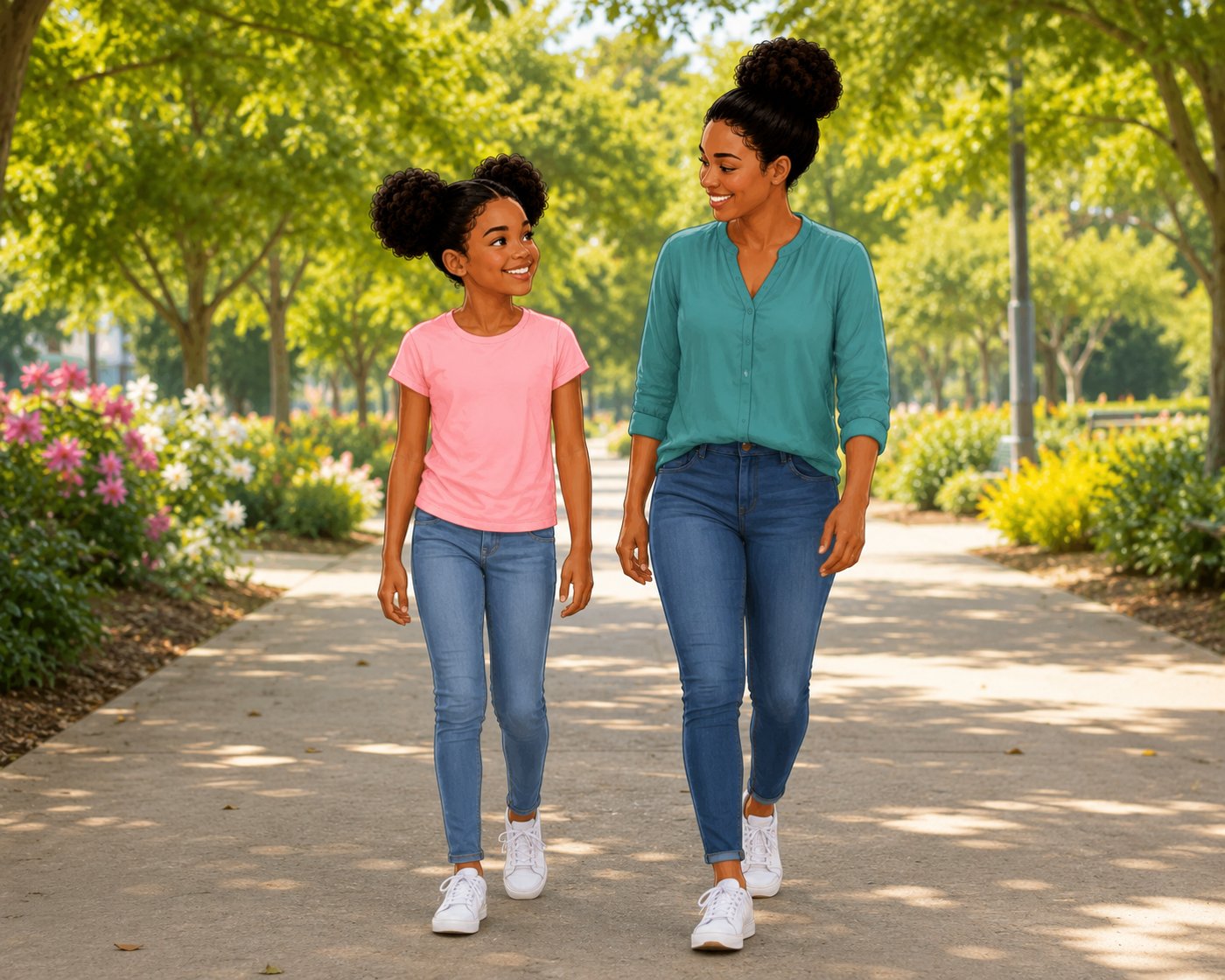 A mother and daughter walking together in a park, smiling