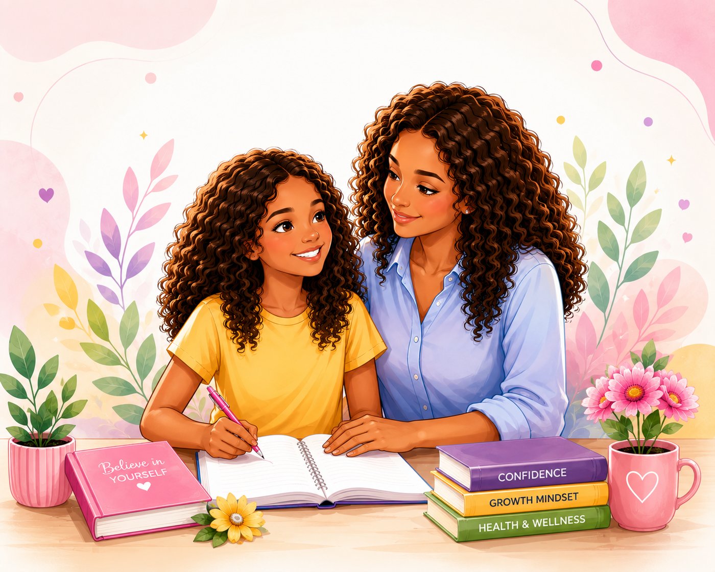 A mother and daughter journaling together, surrounded by books on confidence, growth mindset, and wellness